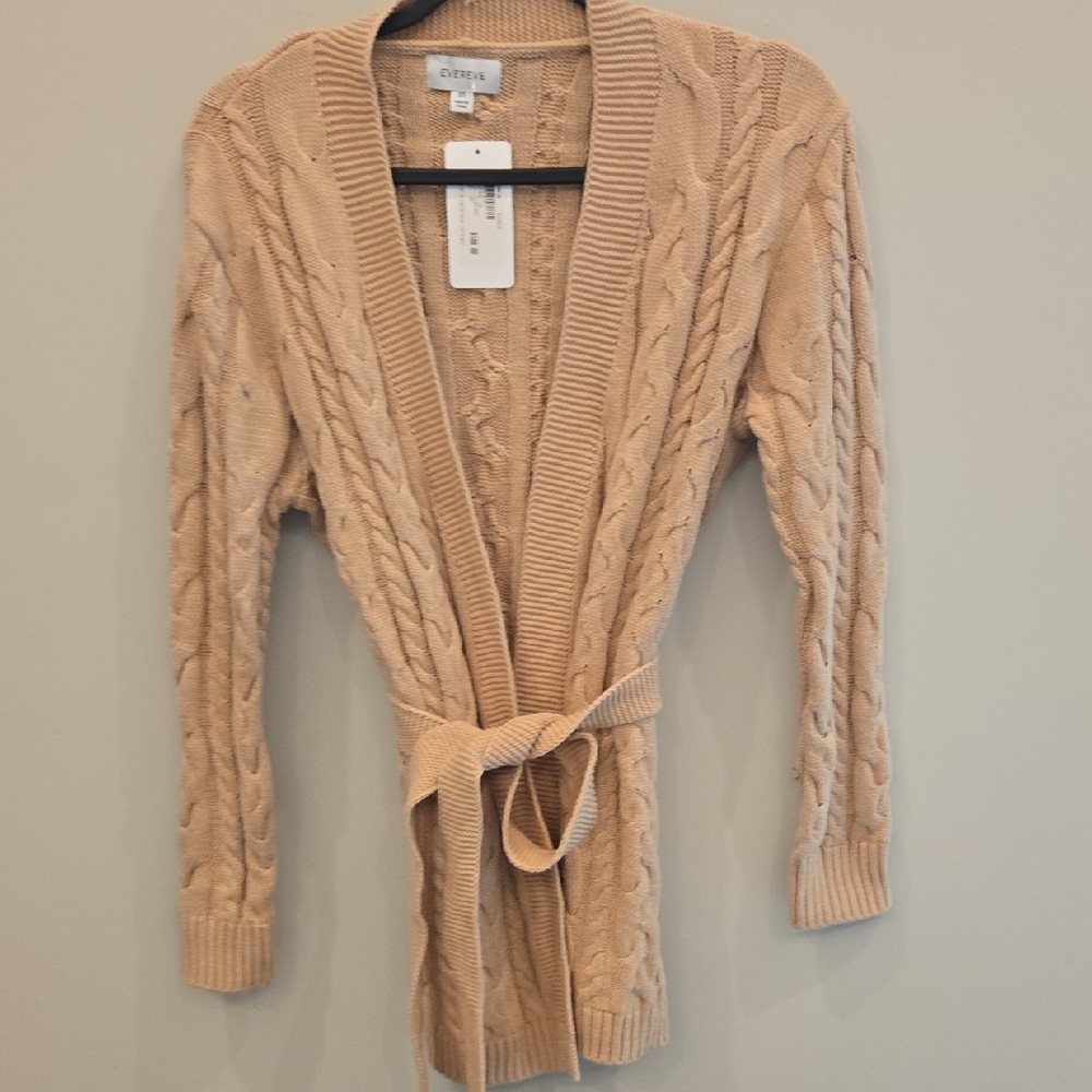 Cuyana Tan Cable-Knit Belted Cardigan